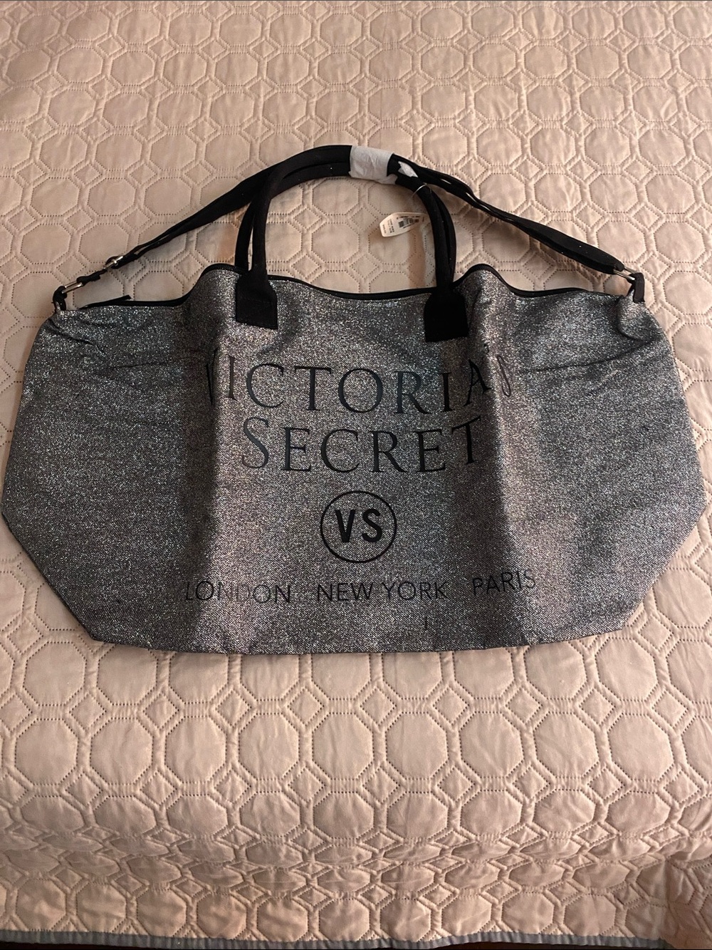 Victoria's Secret Silver Glitter Tote with Black Straps